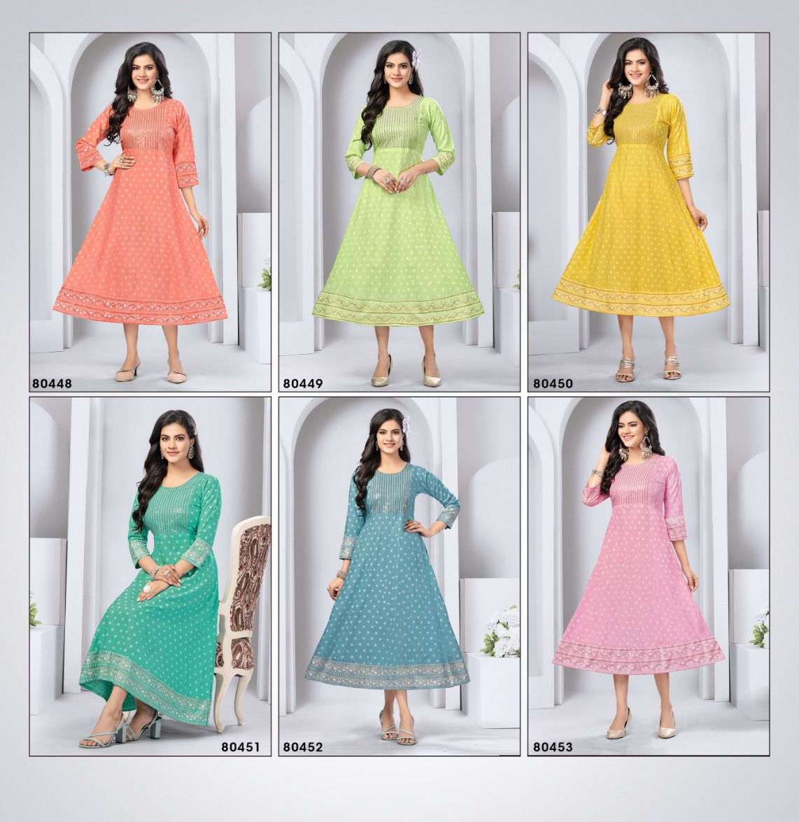 NIKHAR HEAVY LIVA TAG VISCOSE REYON  EMBROYDERY WORK UMBERALLA CUT KURTI BY MAYRA INDEX